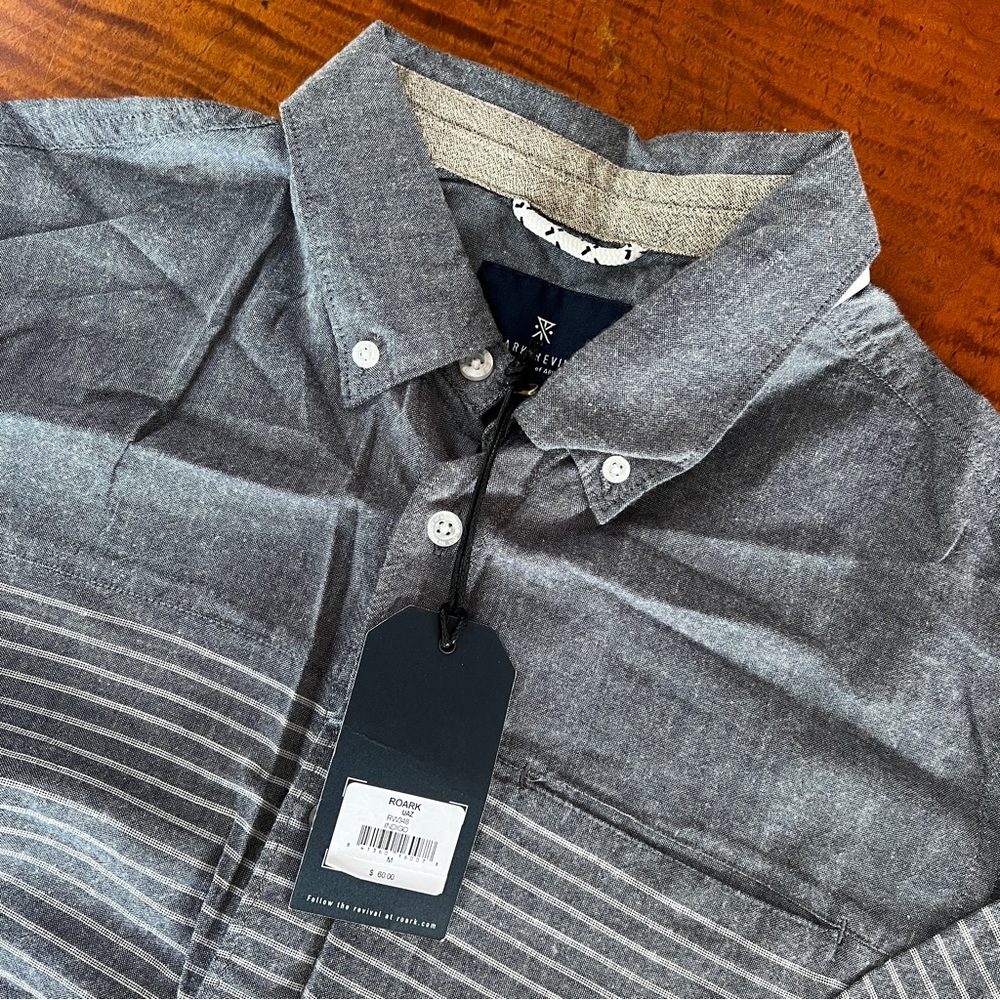 Never been worn/with tags/Roark Revival/Gray button down w cream stripes.